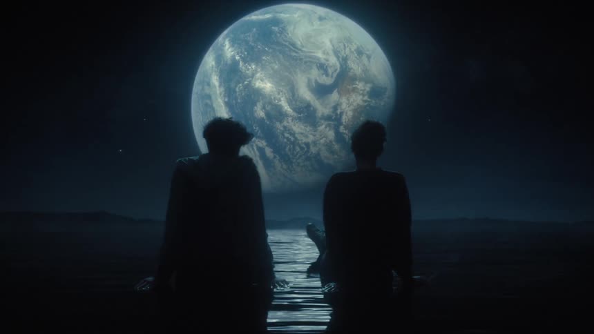 Two people sit in silhouette on a dark landscape facing a large glowing planet earth that hangs in a starry black sky above a shimmering body of water