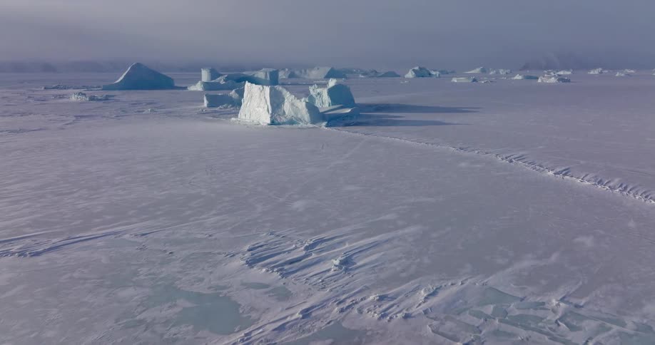 A wide expanse of frozen ocean stretches toward the horizon dotted with scattered icebergs under a pale overcast polar sky