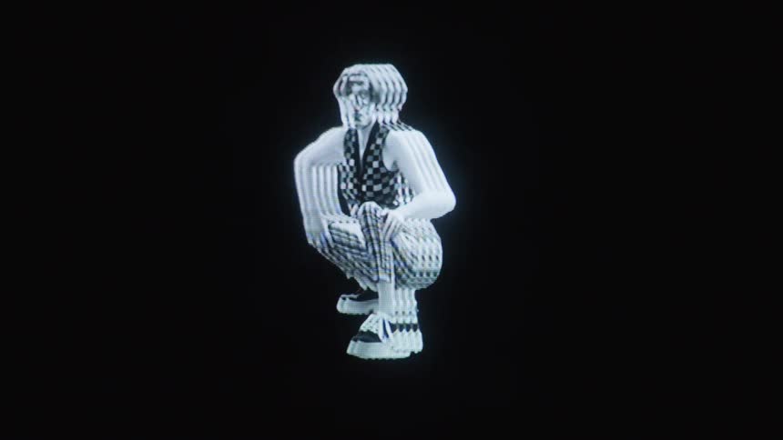 Crouching human figure composed of layered luminous outlines against a black background