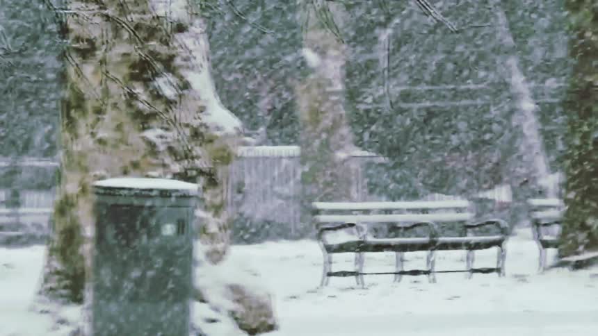 Pedestrians walking through a snowcovered park during snowfall