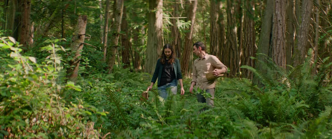 Two people walk through a forest carrying wicker baskets among the vegetation