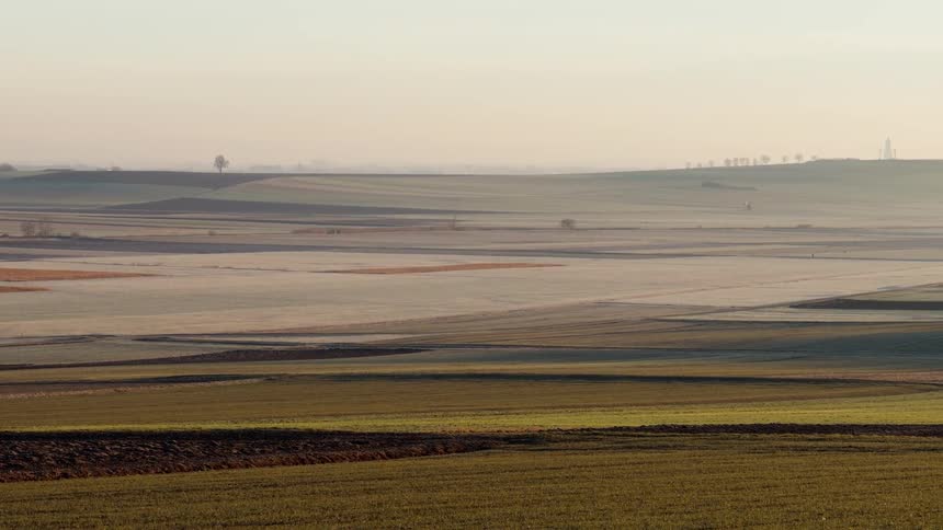 A hazy golden hued landscape of rolling farmland with fields in various stages of growth under a soft muted sky