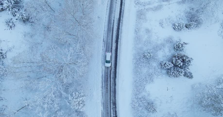 An aerial view of a forest covered in snow