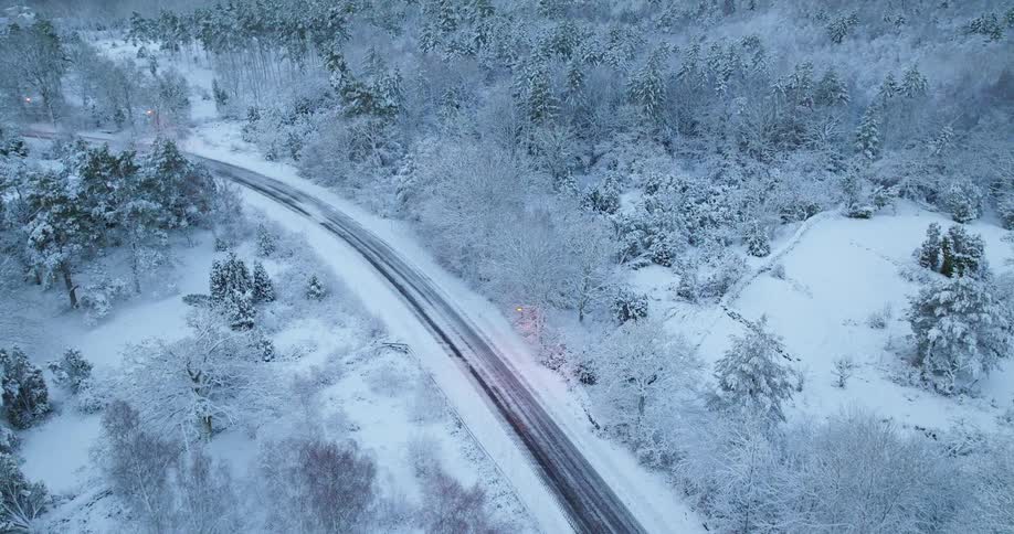 A winding road cuts through a dense snow covered forest at twilight