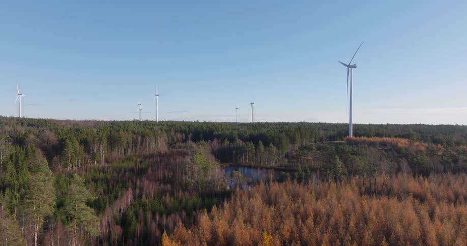 This video features a highangle drone shot of a vast forest landscape dotted with several modern wind turbines the camera slowly pans across the horizon capturing a small pond nestled among trees that are transitioning into autumn colors under a clear