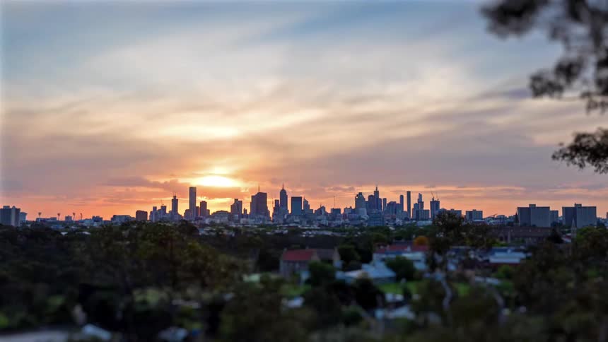 Tree and plants move in the wind as the sun shines through clouds moving on the metropolitan city skyline