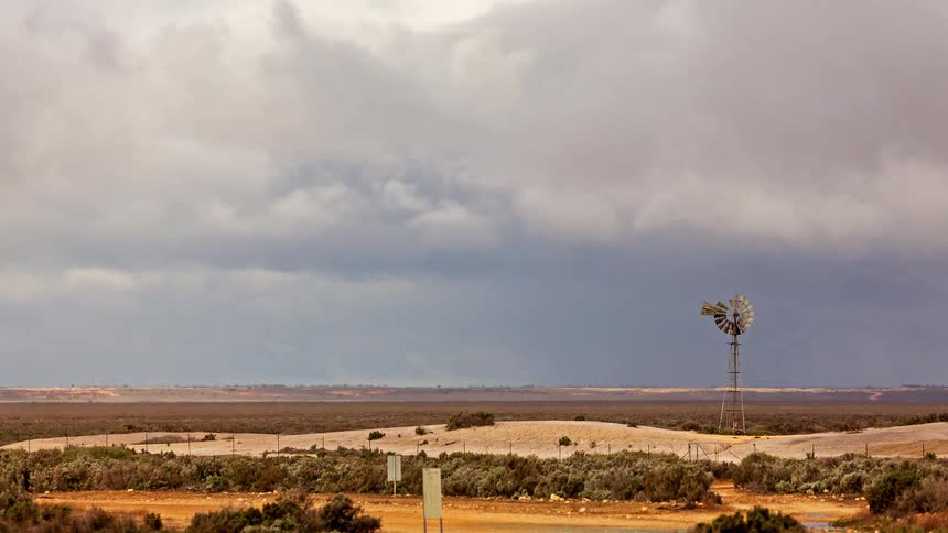 Flat rural landscape with low vegetation dirt road and windmill beneath an overcast sky