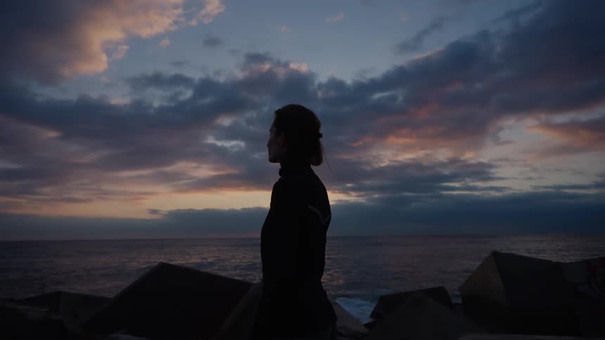 A woman on the beach at dusk