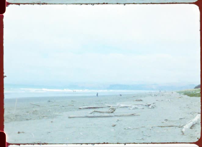 A beach covered with logs with ocean waves hitting the shoreline