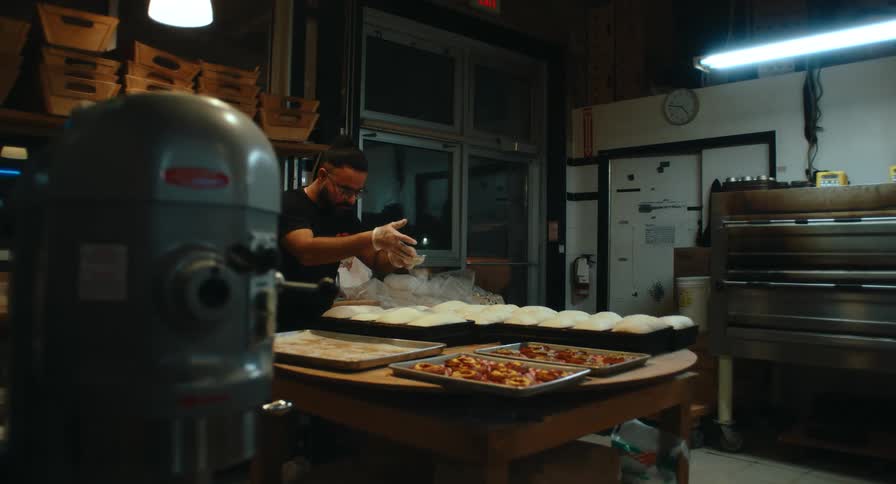 A man baking food in a large kitchen