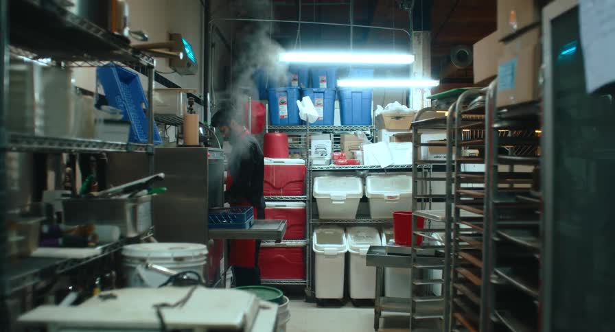 Kitchen staff cleaning equipment amid rising steam inside a busy commercial kitchen