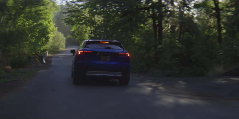 Tail lights glow on a car traveling on a road through the forest