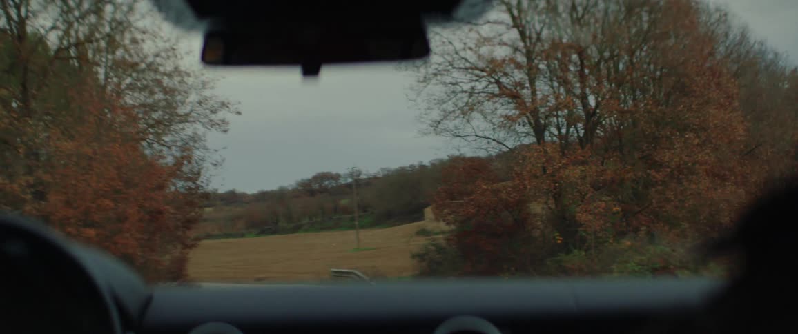 A person driving a car into a field in the countryside with trees surrounding the area on a cloudy fall day
