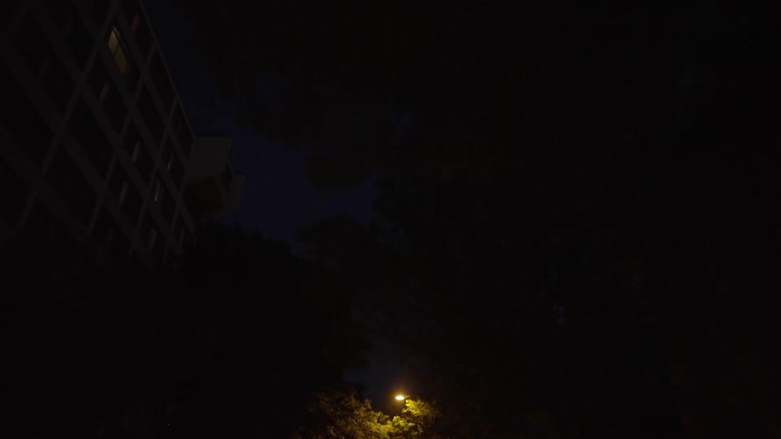 Traveling view of a city street at night