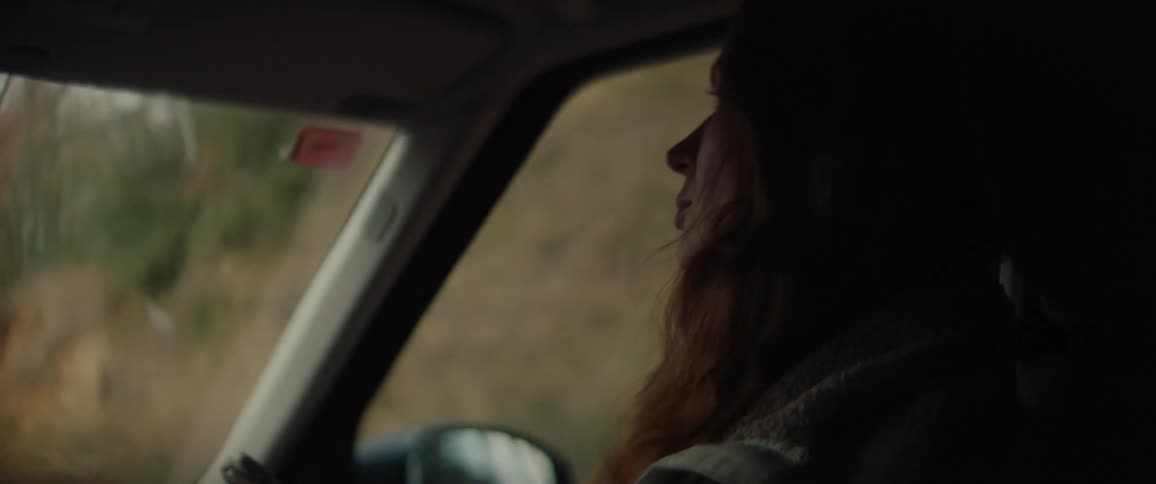 A young woman seated in the passenger seat inside a car during a countryside road trip at midday scrolling on her mobile device during the ride