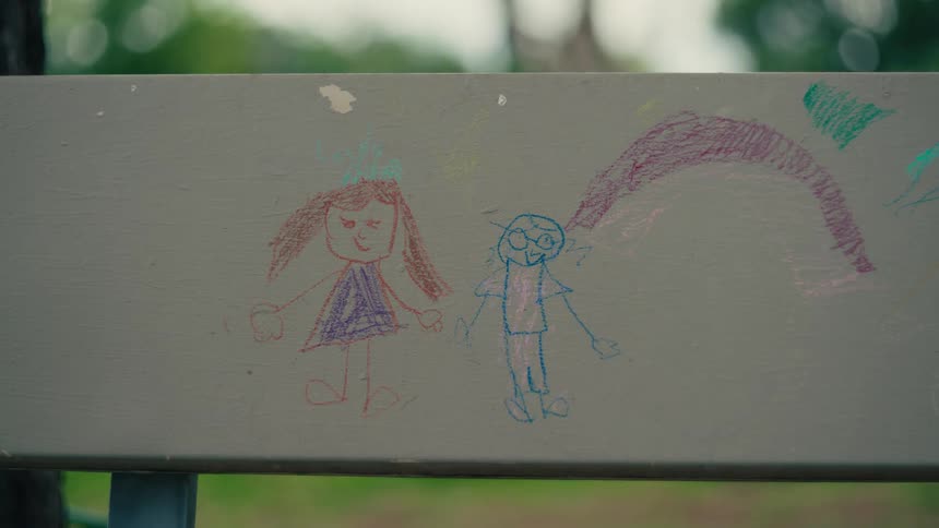 Childlike drawings of two figures and a rainbow made