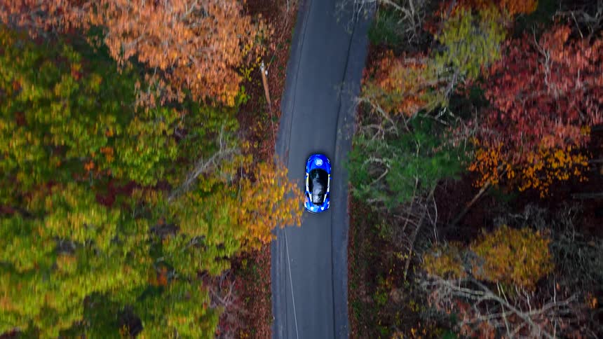 A car driving down a road near some trees