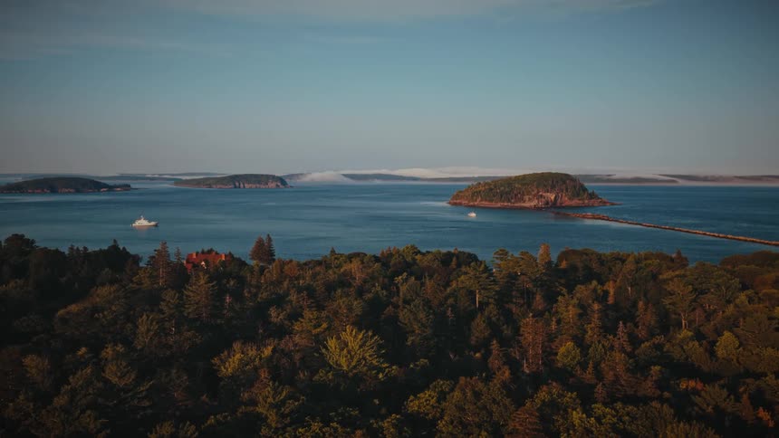 Forest next to the ocean with boats and promontories outdoors during dusk or dawn