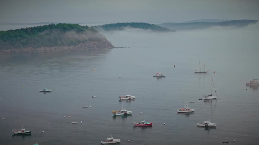Sailboats on the water at sea next to the coast with the shoreline covered in fog outdoors during day time