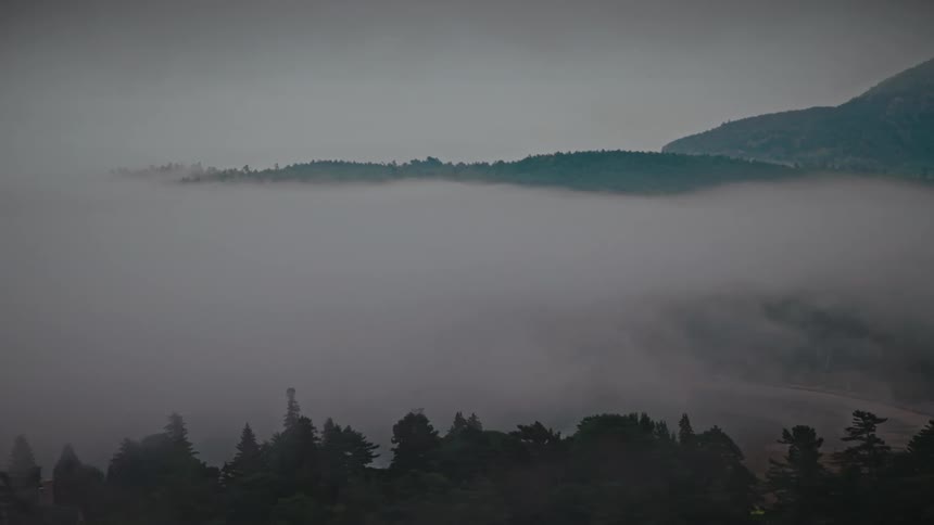 Intense fog over a forest with a mountain range on the background outdoors