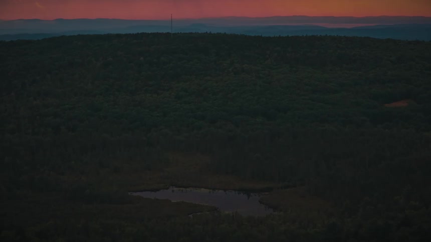 Heavy fog covers the red horizon while light fog covers the forest surrounding a small lake