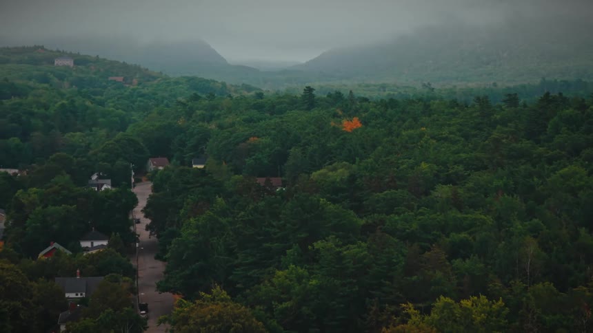 A small town surrounded by vast green vegetation with dark clouds covering the sky and a mountain range in the distance