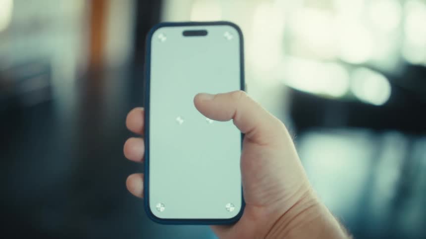 A male hand holds a smartphone while walking indoors