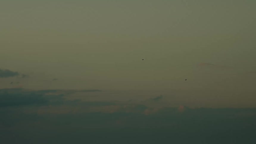 A view of birds flying over a calm ocean under a dark and cloudy sky during a quiet dusk