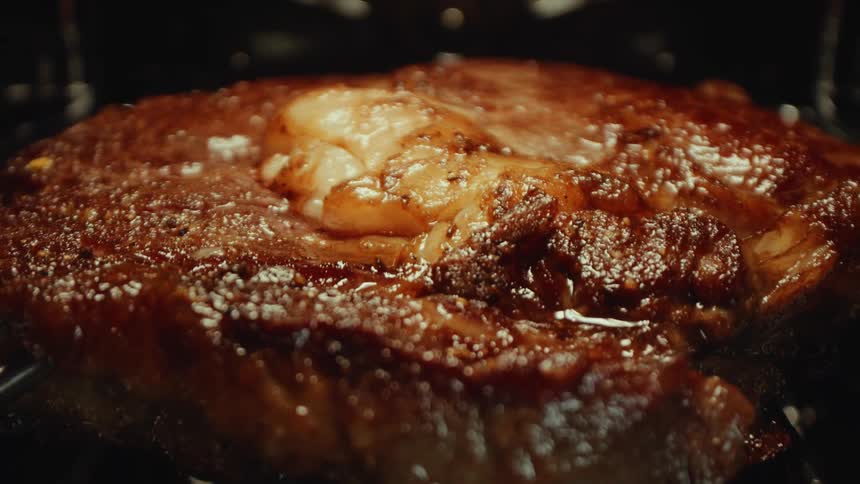 Piece of meat roasting on an oven rack