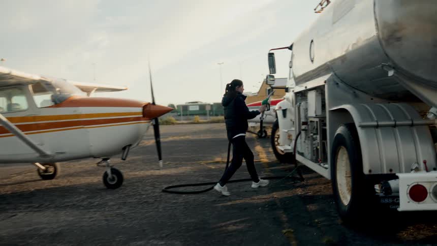 A woman fueling up a plane