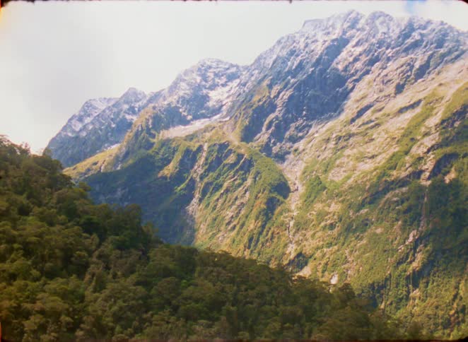 A scenic view shows a vast mountain range with rocky peaks and patches of snow rising above a steep hillside covered in thick green trees under a bright sky
