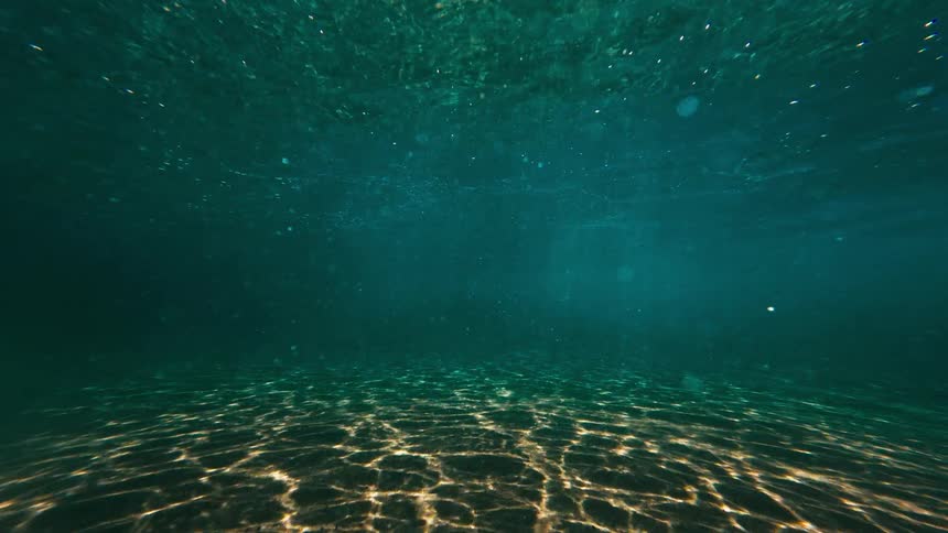 A underwater landscape where sunlight filters through the clear ocean surface to create shimmering caustic patterns