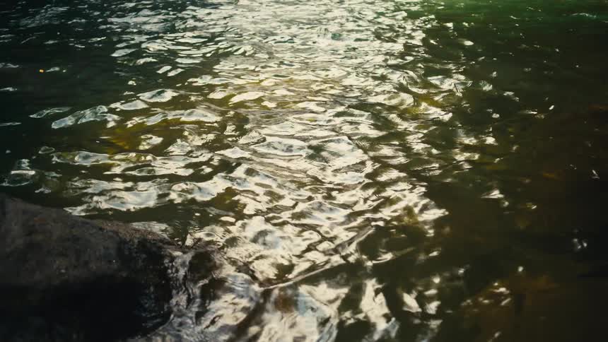 The jagged diagonal edge of a dark rock in the lowerleft corner which creates a solid boundary against the moving water