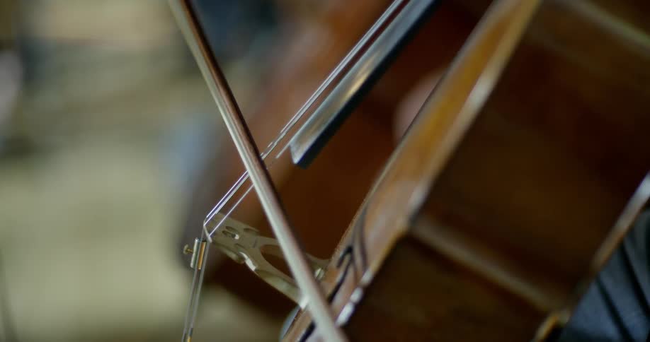 A woman slides her bow across the strings of a cello