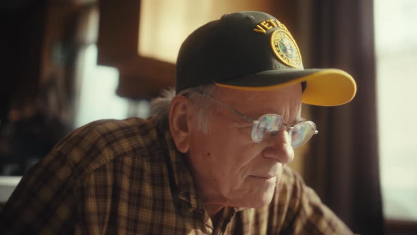 An elderly man wearing a veteran cap puts on his glasses while sitting at a kitchen table and looks to a laptop screen and begins writing notes with a blue pen on a notebook