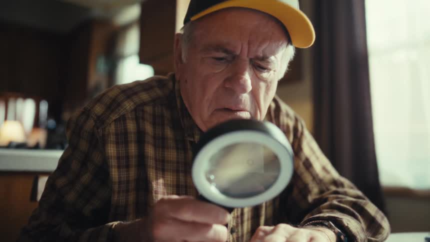 A man reading things with a magnifying glass