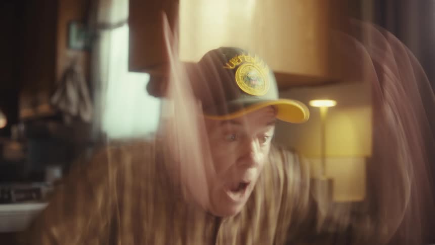 Elderly man with yellow cap using laptop at kitchen table