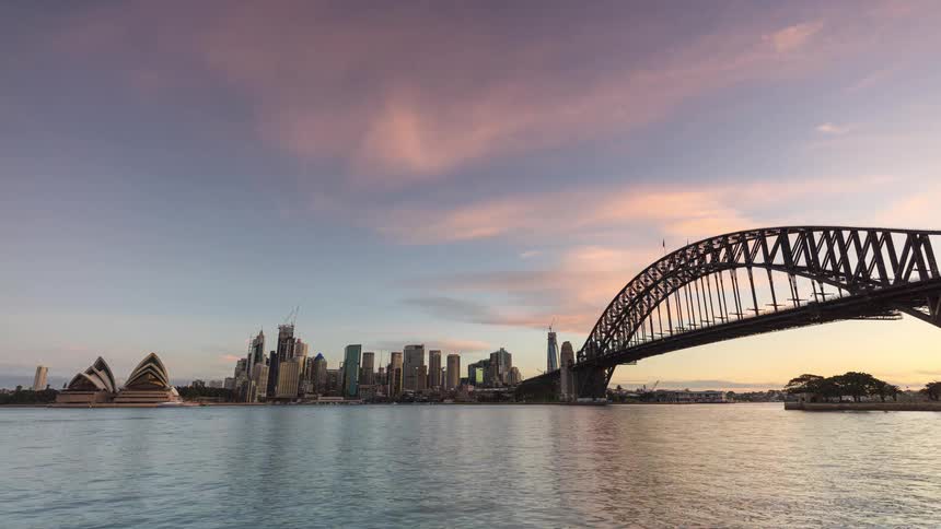 Sydney harbour bridge and sydney opera house at dusk with illuminated skyline reflected on the water