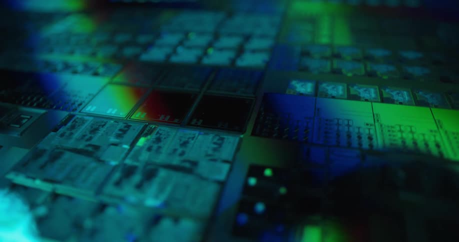 Light shines on the reflective surface of microchips and electronics