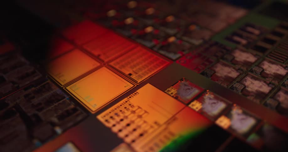 Circuit board with modules and electronic traces illuminated in green and red tones