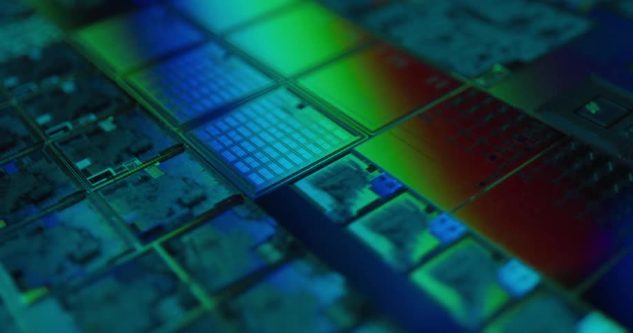 A close view shows rows of square computer microchips with intricate circuits glowing under shifting green and blue and red lights in a dark technical setting