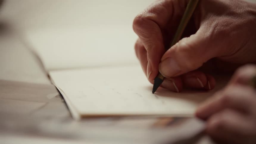 Elderly human female hands writing on a piece of paper over a wooden table indoors