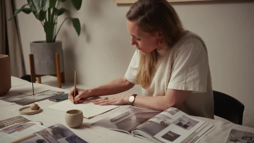 A blonde woman wearing a white shirt and gold jewelry sits at a messy table while taking notes in a notebook with a pencil