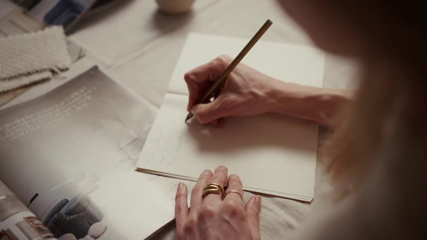 A womans hands writing with a pencil in an open notebook