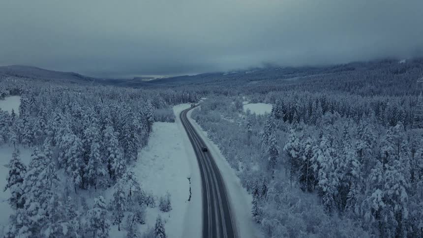 Car driving along a winding road surrounded by a snowcovered forest under a cloudy sky