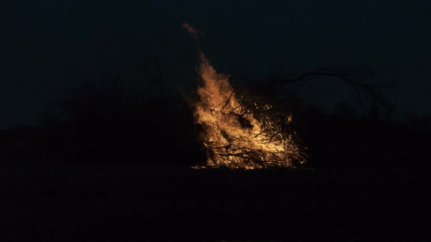 Intense bonfire consuming dry branches and logs