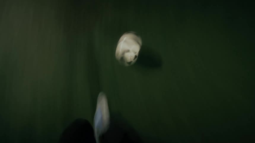 Person in motion dribbling and feinting against an opponent on a grass field at night