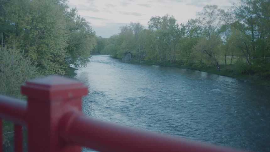 River surrounded by trees seen from a bridge with a red railing
