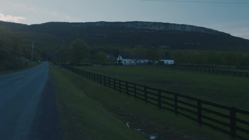 A long asphalt road on the left side of the frame creates a strong diagonal line that recedes into the distance leading the viewers eye toward the background a dark wooden fence runs parallel to the road acting as a clear boundary between the grassy