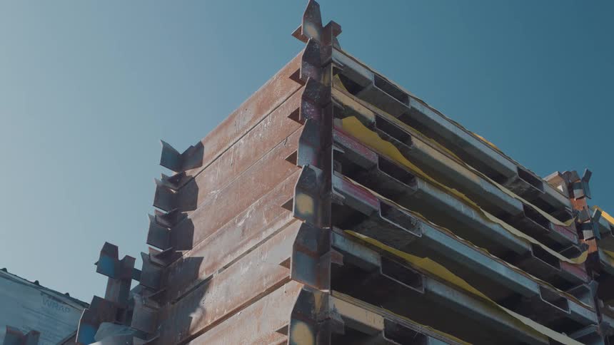 A stack of industrial steel beams sits under a clear blue sky the metal shows signs of rust and wear from outdoor storage